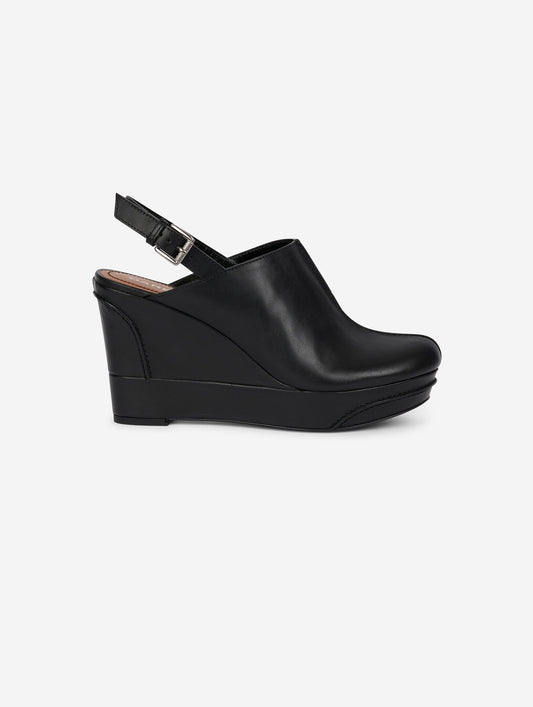 Black leather wedge clogs