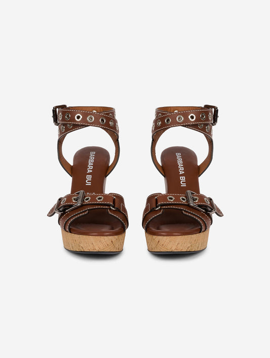 Chocolate leather and cork wedge sandals