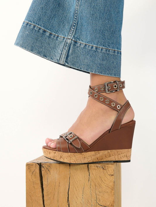 Chocolate leather and cork wedge sandals