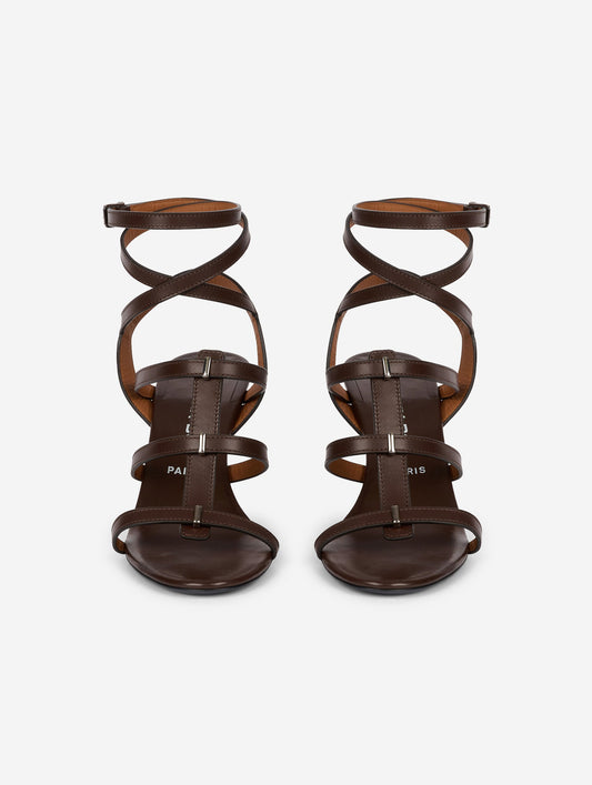 Coffee leather gladiator sandals with thin straps