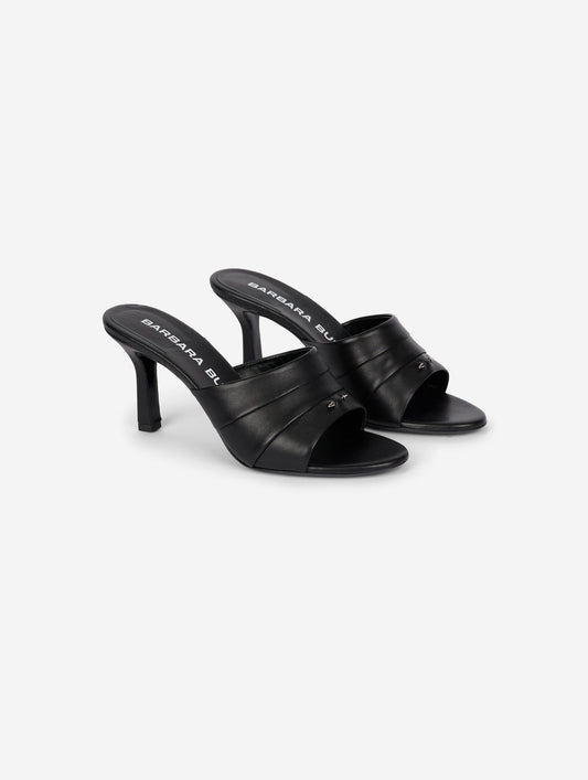 Black leather pleated mules
