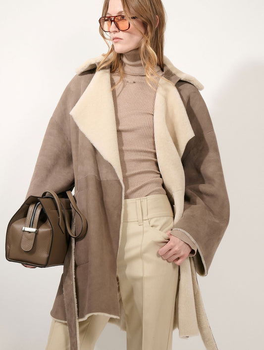 Taupe reversible shearling coat