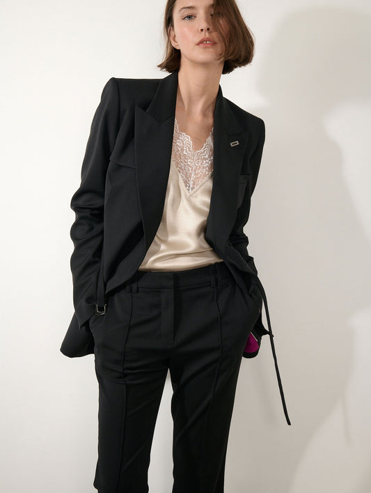 Black stretch wool gabardine fitted jacket