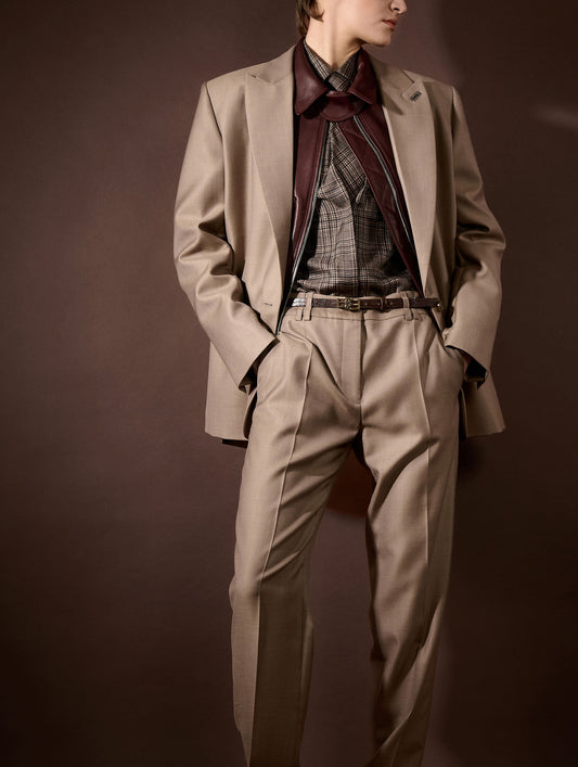 Greige wool and silk twill straight jacket