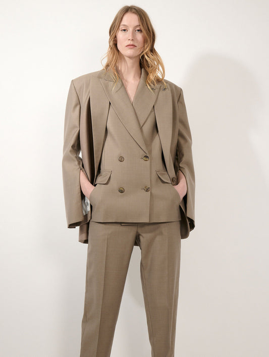Greige wool and silk twill straight jacket