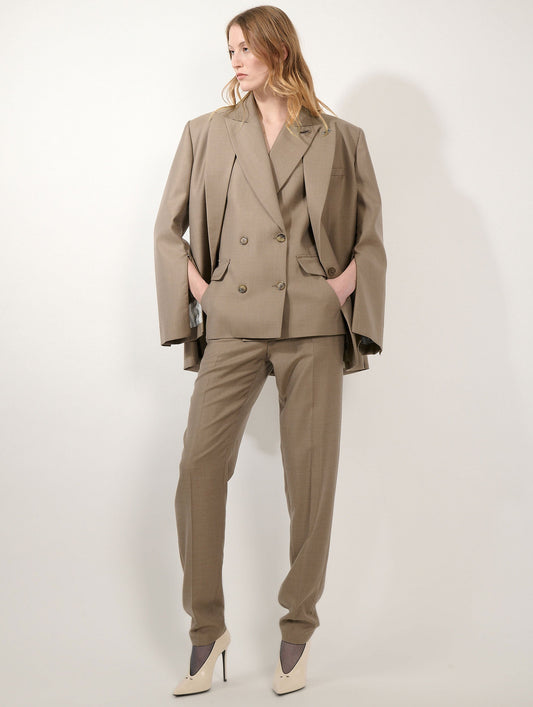 Greige wool and silk twill straight jacket