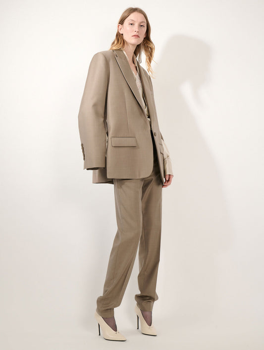 Greige wool and silk twill straight jacket