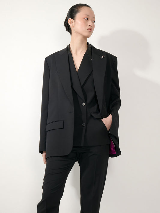 Straight-cut jacket in black wool gabardine