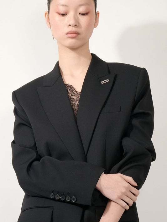 Straight-cut jacket in black wool gabardine