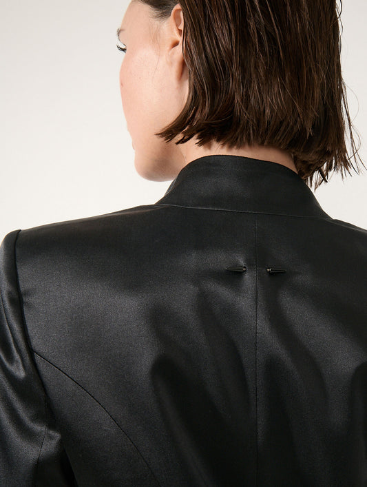 Black silk satin draped jacket