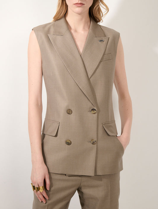 Greige wool and silk twill sleeveless jacket