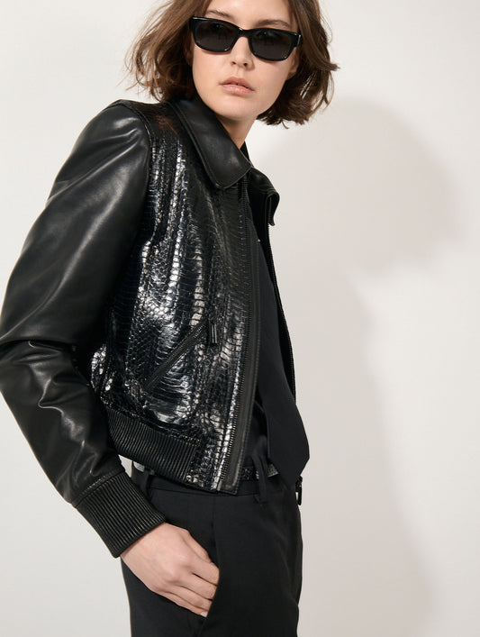 Black leather and elaphe jacket