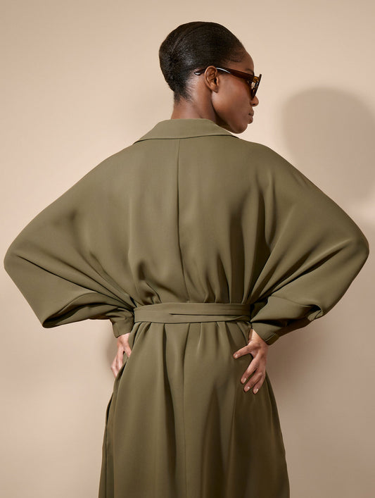 Moss green fluid crepe belted dress