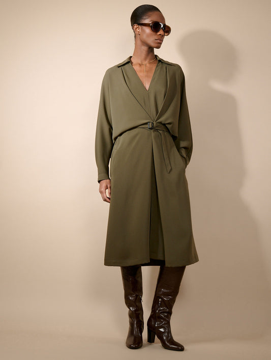 Moss green fluid crepe belted dress