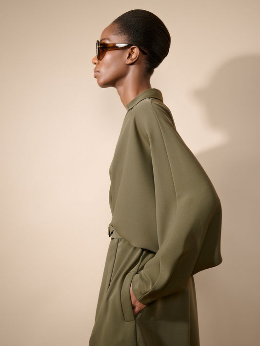 Moss green fluid crepe belted dress