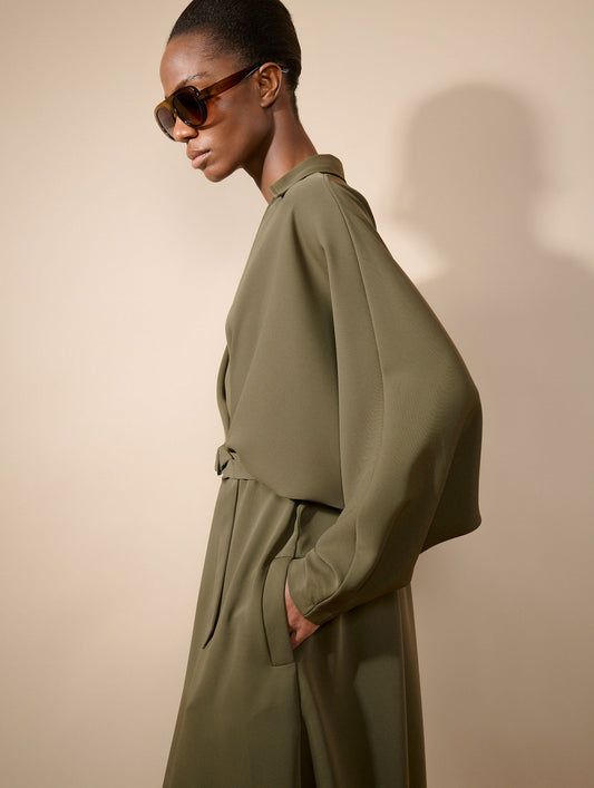 Moss green fluid crepe belted dress