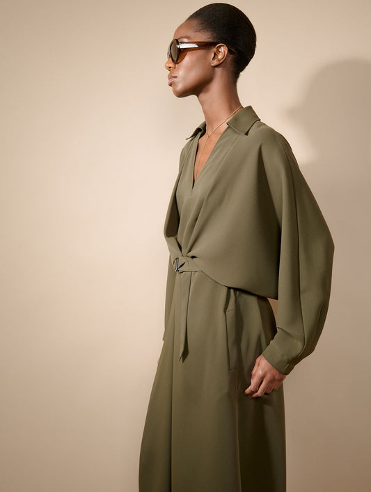 Moss green fluid crepe belted dress