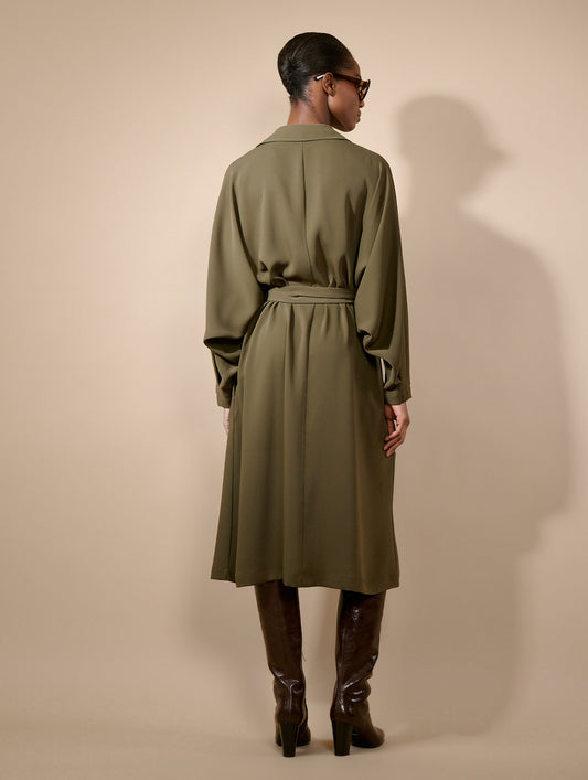 Moss green fluid crepe belted dress