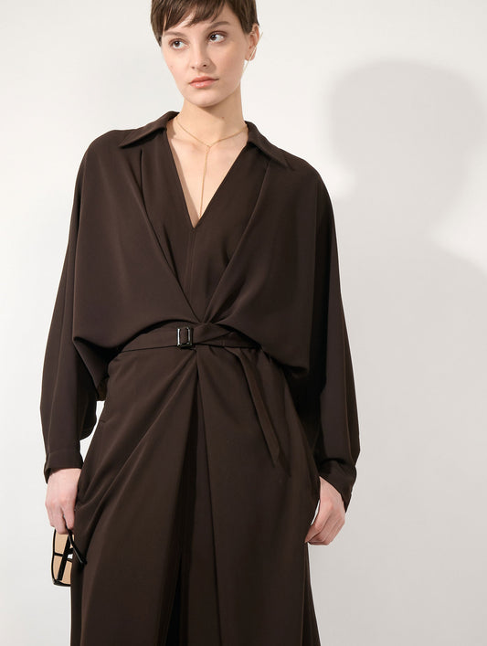 Mocha fluid crepe belted dress