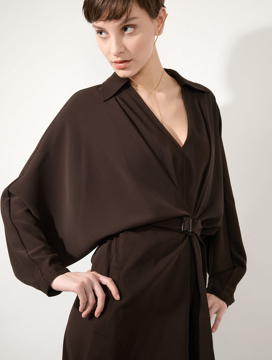 Mocha fluid crepe belted dress