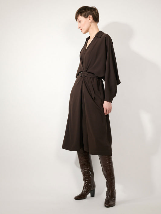 Mocha fluid crepe belted dress