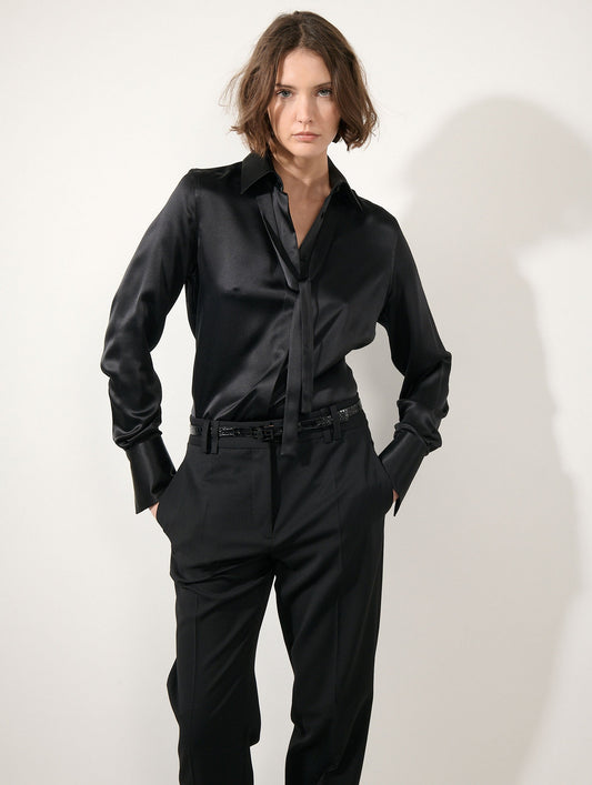 Black silk satin lavallière blouse