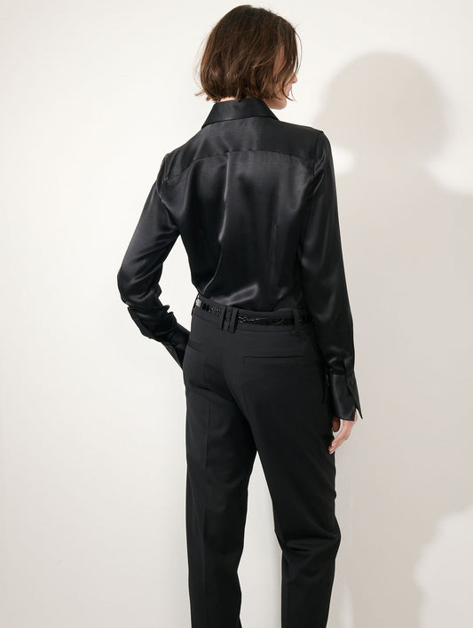 Black silk satin lavallière blouse