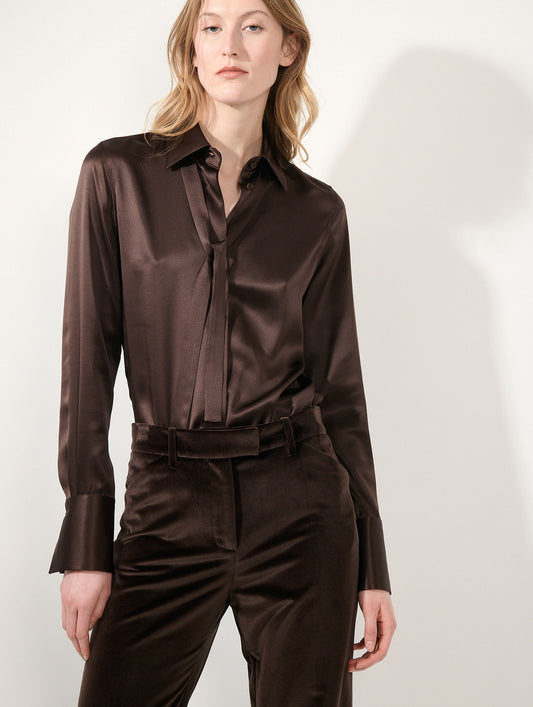 Mocha silk satin lavallière blouse