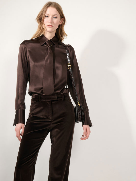 Mocha silk satin lavallière blouse