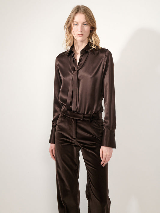 Mocha silk satin lavallière blouse