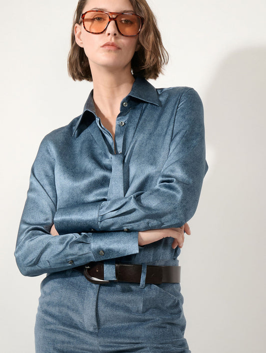 Stone blue silk satin lavallière blouse