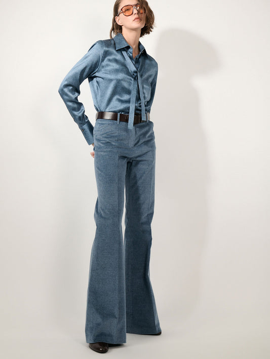 Stone blue silk satin lavallière blouse