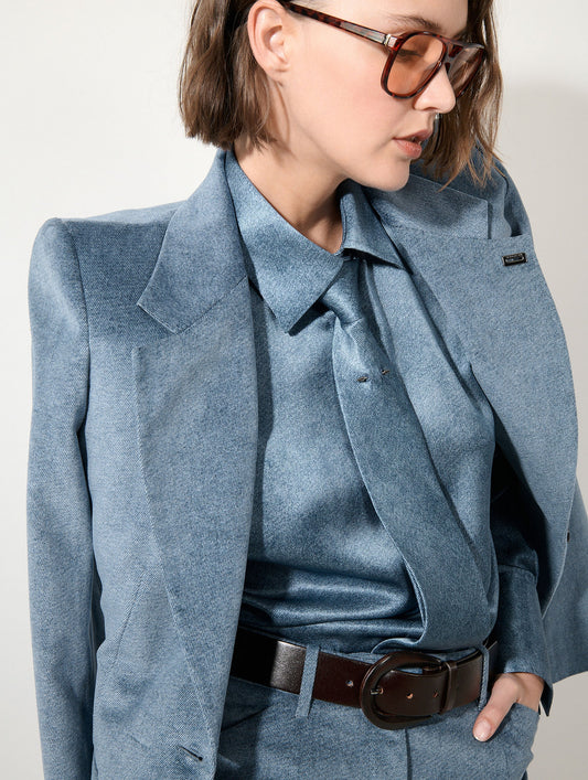 Stone blue silk satin lavallière blouse