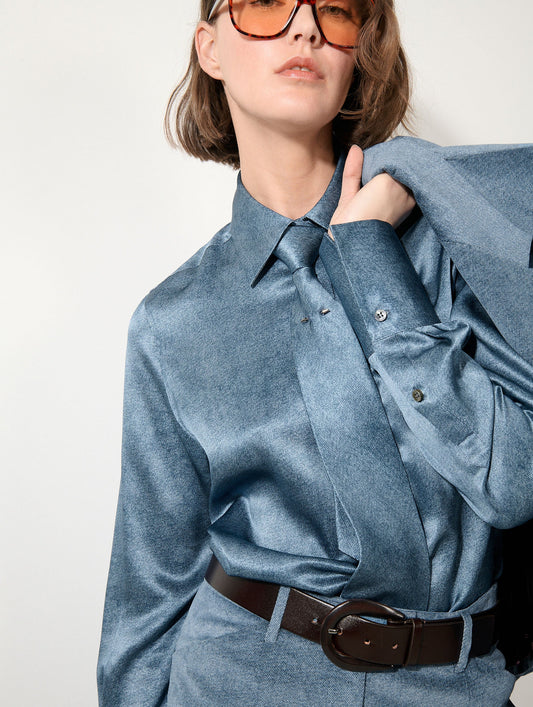Stone blue silk satin lavallière blouse