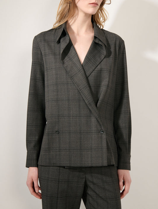 Taupe checked double-button wrap shirt