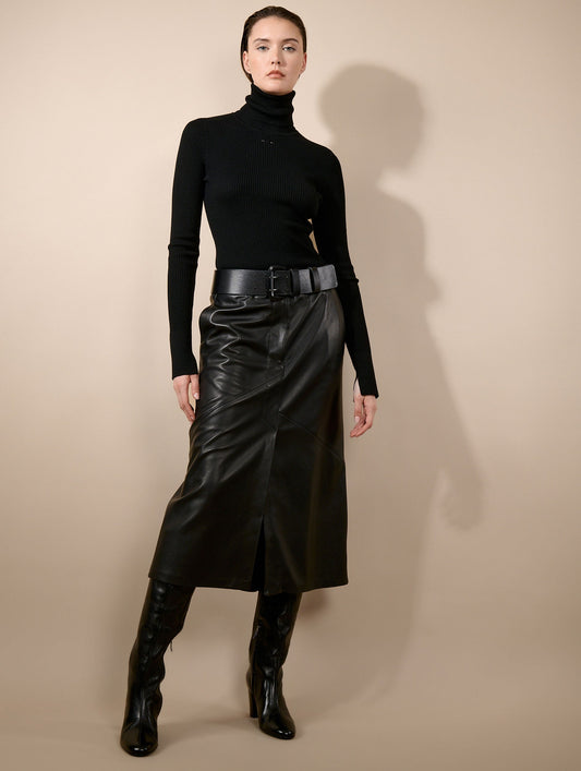Black lambskin midi skirt