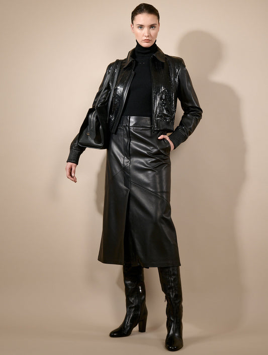 Black lambskin midi skirt