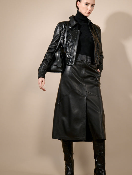 Black lambskin midi skirt