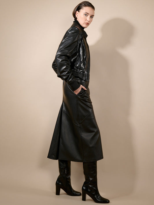 Black lambskin midi skirt