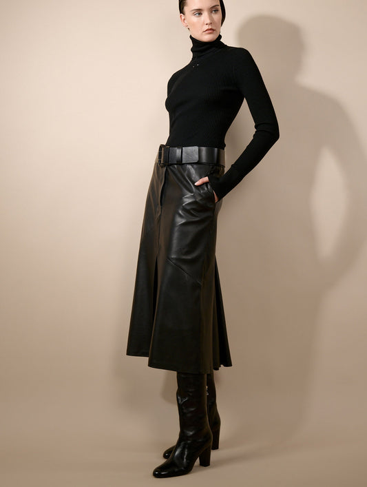 Black lambskin midi skirt