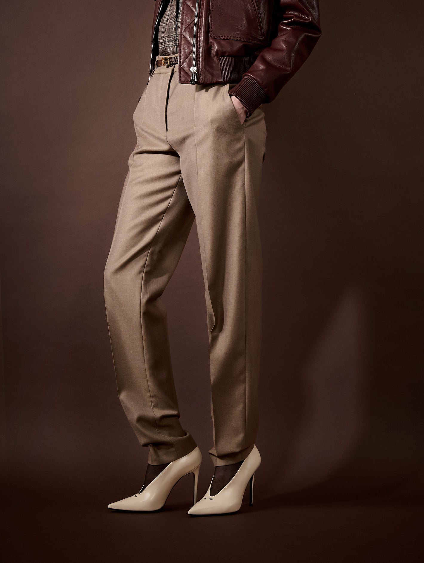 Grace trousers in greige wool and silk twill