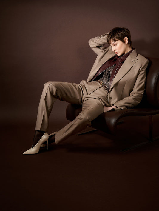 Grace trousers in greige wool and silk twill