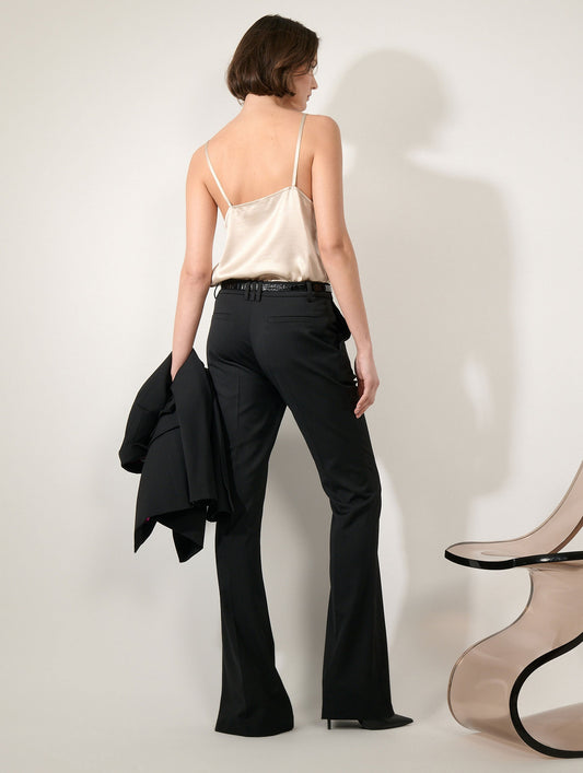 Black wool gabardine bootcut trousers