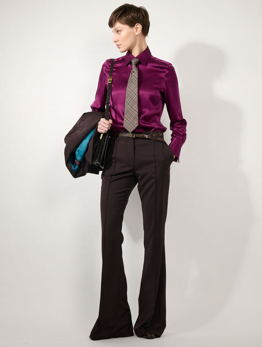 Deep burgundy wool gabardine bootcut trousers