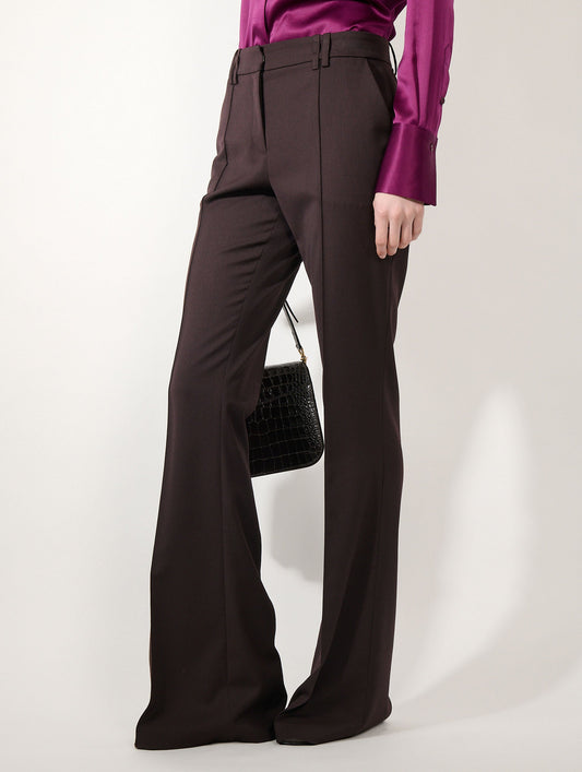 Deep burgundy wool gabardine bootcut trousers