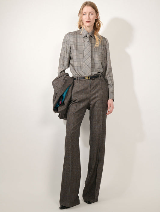 Deep brown Prince of Wales flannel flared trousers