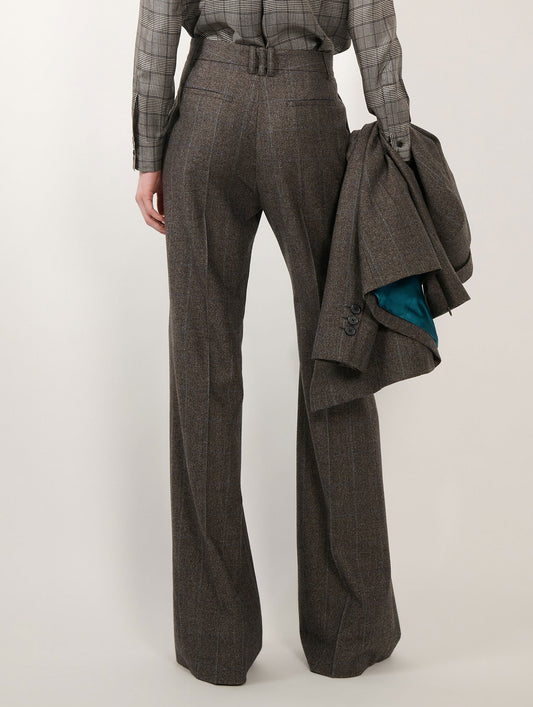 Deep brown Prince of Wales flannel flared trousers