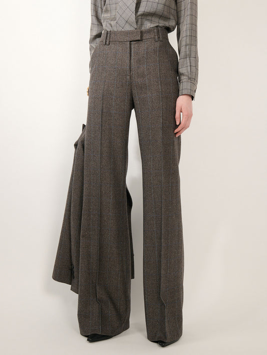 Deep brown Prince of Wales flannel flared trousers