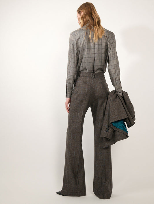 Deep brown Prince of Wales flannel flared trousers