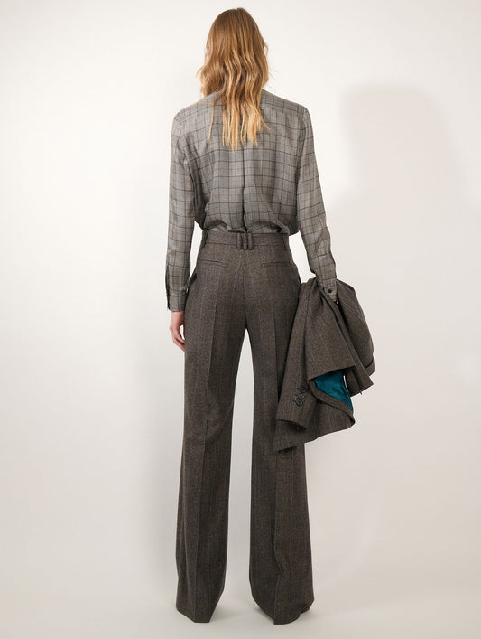 Deep brown Prince of Wales flannel flared trousers
